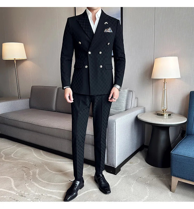 Elegant Double-Breasted Navy Checker Suit for Men – Custom Tailored Business & Wedding Attire, Stylish Formalwear Set
