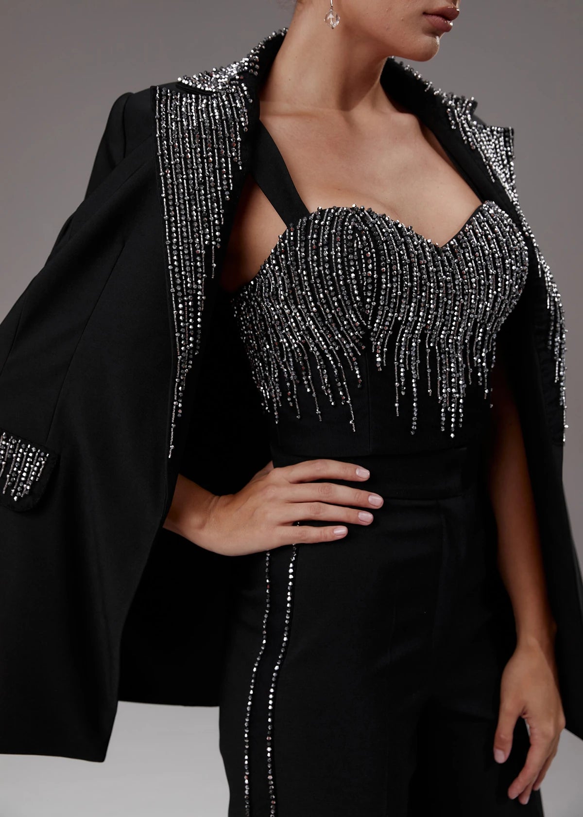 Ensemble 3 pièces blazer slim noir à paillettes pour femme, veste sur mesure pour soirée, bal, mariage