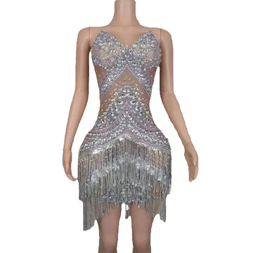 Sparkly Silver Rhinestones Mesh See Through Tassels Suspender Dress Women Sexy Celebrate Birthday Wedding Evening Prom Dress