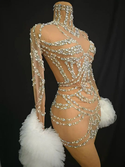 Sparkly Rhinestones Pearls Short Dress Women Sexy Transparent Birthday Celebrate Evening Dress Stage Wear Photoshoot Costume
