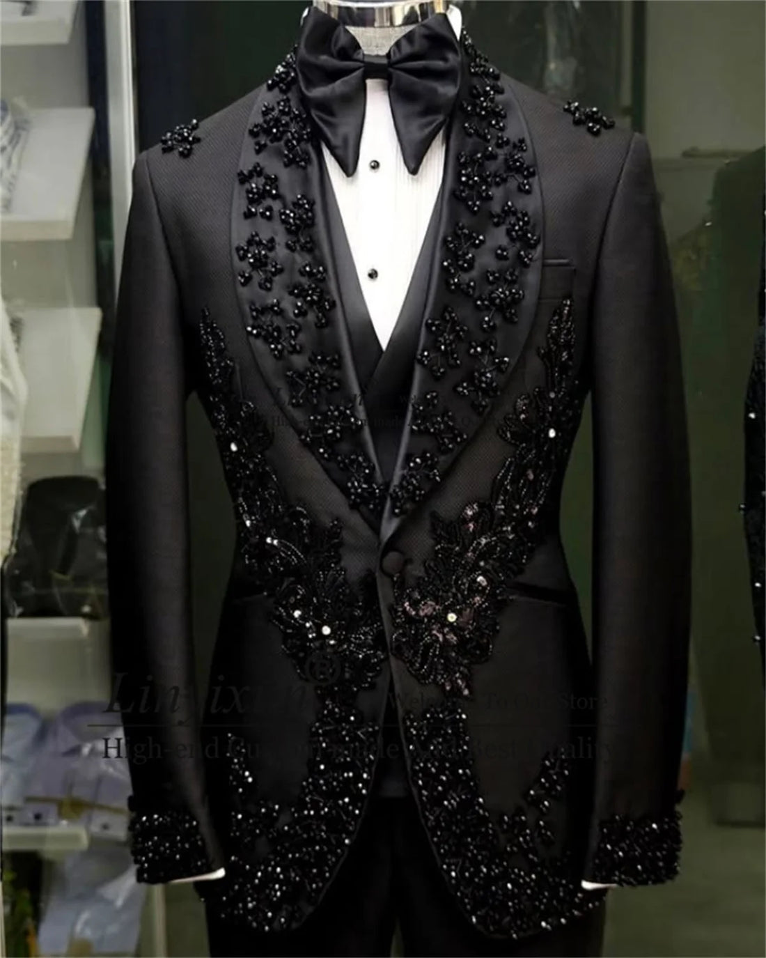 Sparkly Metallic Beaded Men Suits Customized Male Prom Blazers Slim Fit Shawl Lapel ropa hombre 3 Pieces Sets Groom Tuxedos