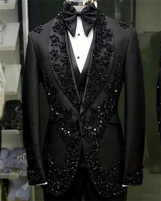 Sparkly Metallic Beaded Men Suits Customized Male Prom Blazers Slim Fit Shawl Lapel ropa hombre 3 Pieces Sets Groom Tuxedos