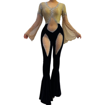 Women High-end Sheer Mesh Velvet Bell-bottoms Sparkly Rhinestone Sexy Jumpsuit Club Celebrate Party Stage Show Outfit