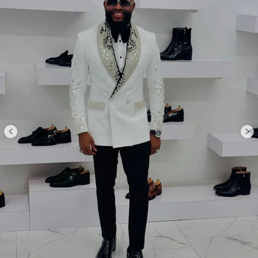 Luxury Beaded Crystals Suit Men for Wedding Customized 2 Pieces Groom Wedding Tuxedos Double Breasted Prom Blazers Costume Homme