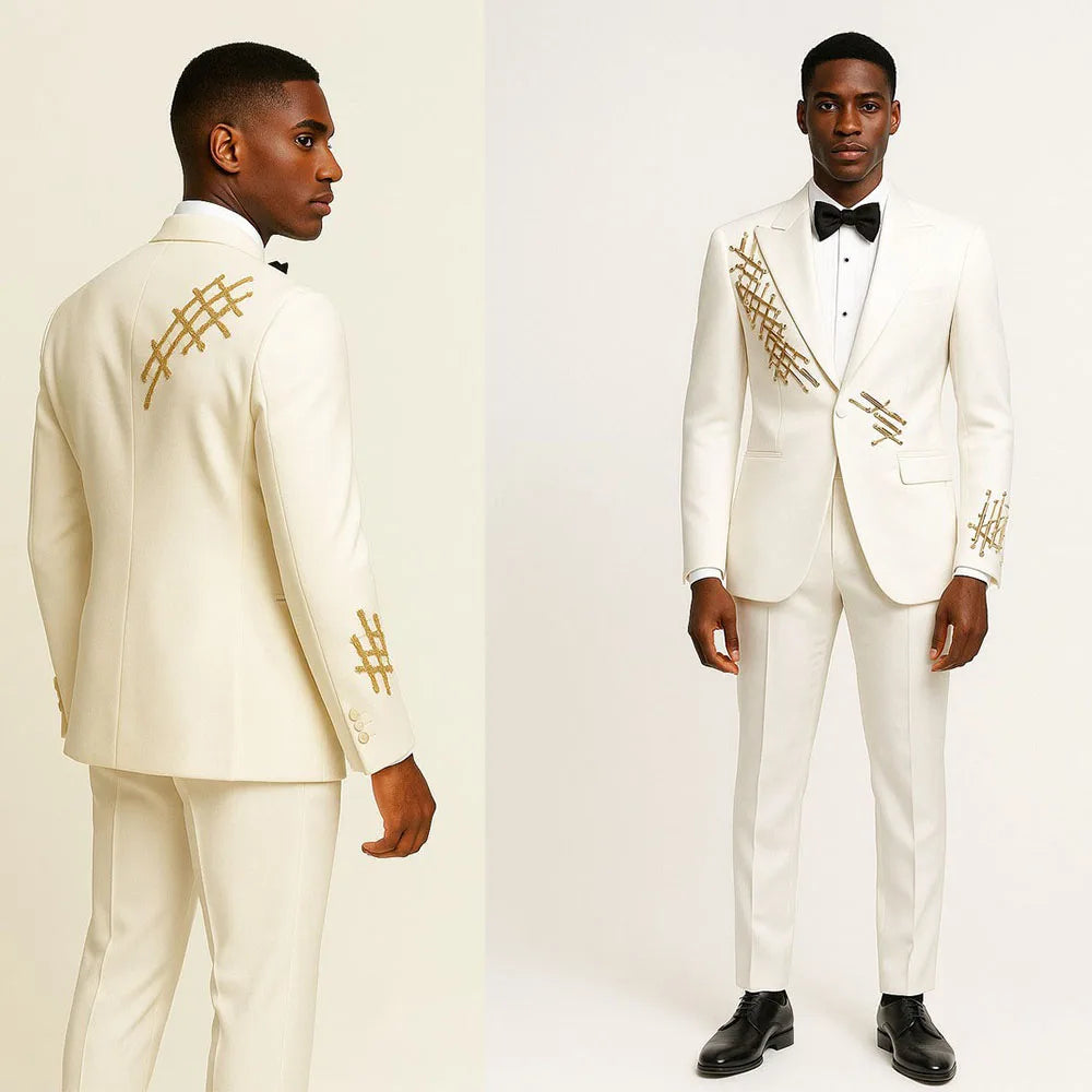 Stylish Men Suits Tailor-Made 2 Pieces Set Peaked Lapel Jacket Beading Blazer One Button Groom Customized Coat Pants