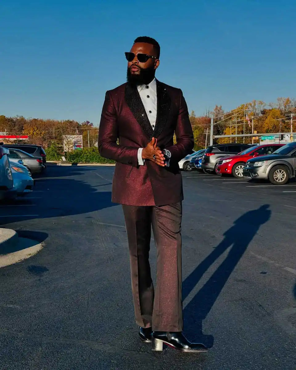 Unique Wedding Tuxedos Beaded Sequins Double Breasted Men Suits Shawl Lapel 2 Piece Set Jacket Pants Groom Blazers Customized