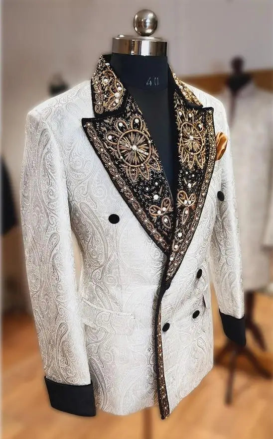 Fashion Appliques Men Suits Jacquard 1 Piece Tailor-Made Jacket Only One Blazer Embroidery Double Breasted Groom Customized Coat