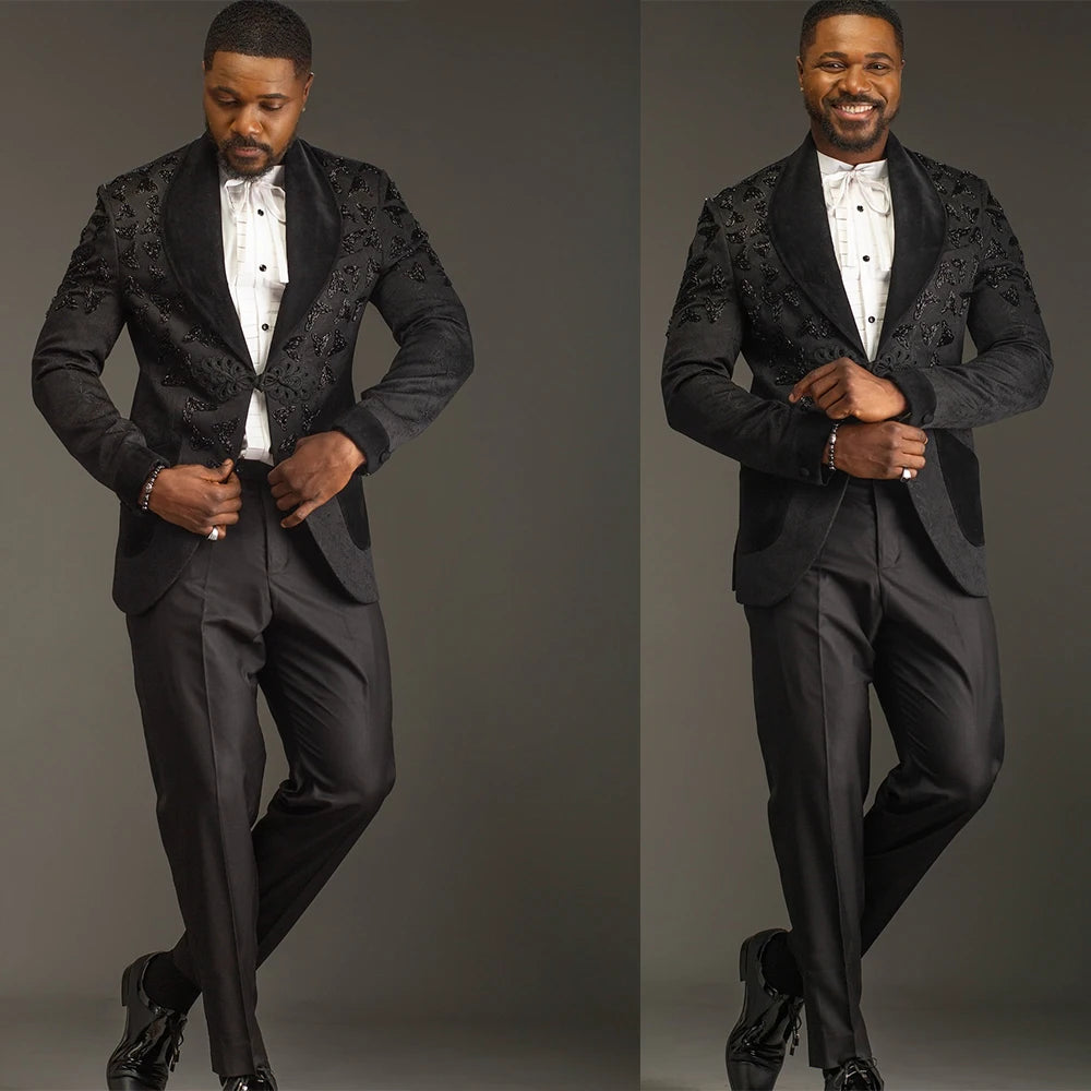 Handsome Men's Suits Jacquard2 Pieces Set Tailor-Made Jacket Beading Blazer Shawl Lapel One Button Groom Customized Coat Pants