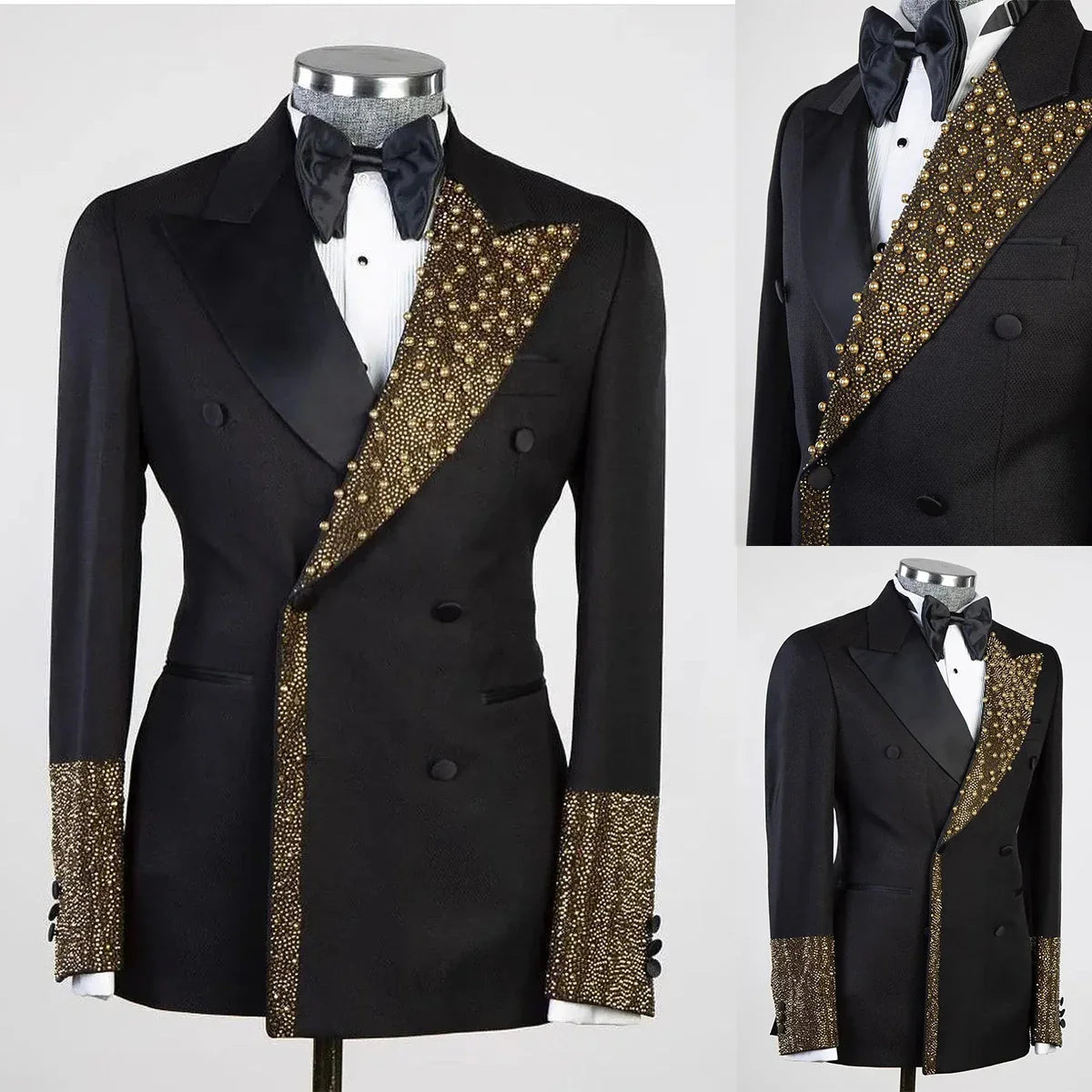 Vintage Beaded Wedding Suits for Groom Peaked Lapel Tuxedos Double Breasted 2 Pcs Jacket with Pants Customized