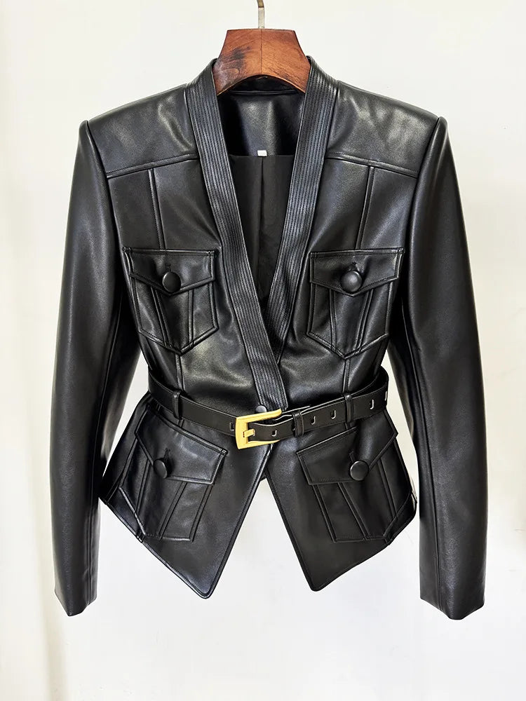Designer Jacket Women's Belt Slim Fitting Leather Button Pocket Decoration Artificial Leather Blazer