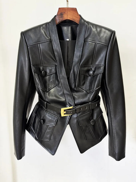 Newest Designer Jacket Women's Belt Slim Fitting Leather Button Pocket Decoration Artificial Leather Blazer