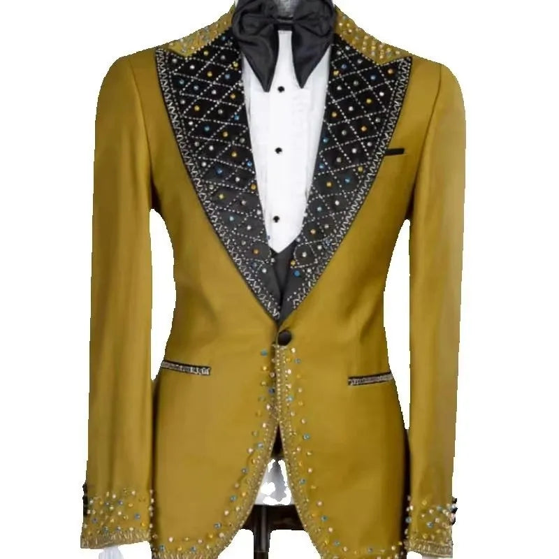 Bling Wedding Tuxedos Beading Beaded One Button Men Suit Peaked Lapel 2 Piece Set Jacket Pants Groom Blazers Customized