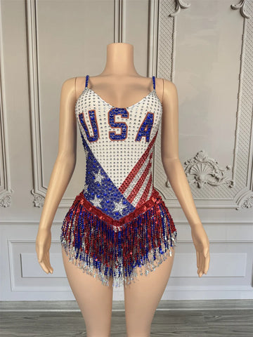 Sparkly Rhinestones Tassel Tight Bodysuit For Women Luxury Sexy V Neck Performance Dance Costume Night Club Show Stage Outfit