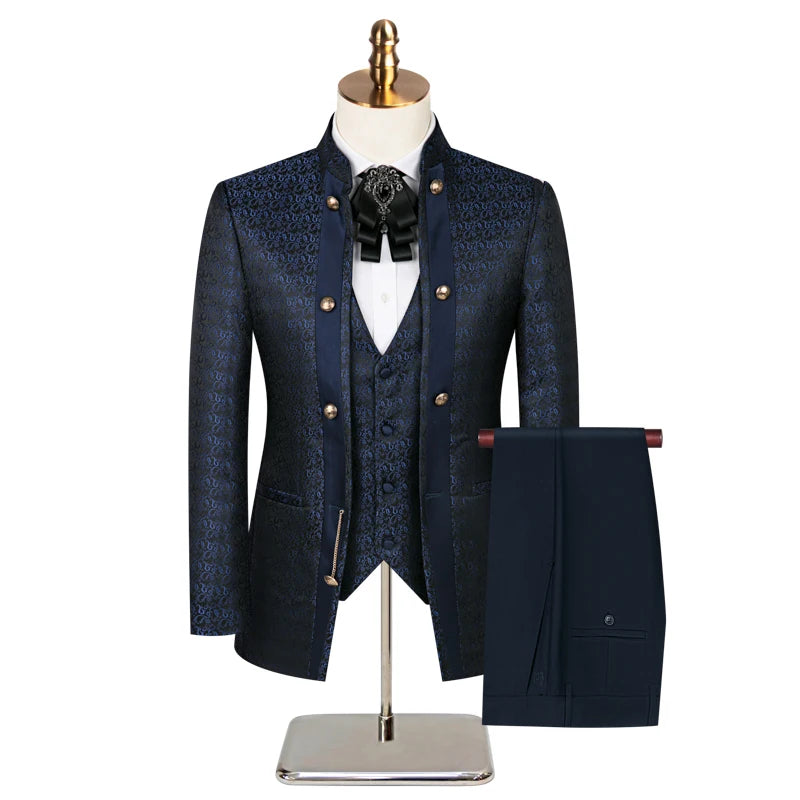 Wedding Host Performance Men's Suit Dress Three-piece Botanical Floral Pattern  Blazer  for Men with Pants and Vest