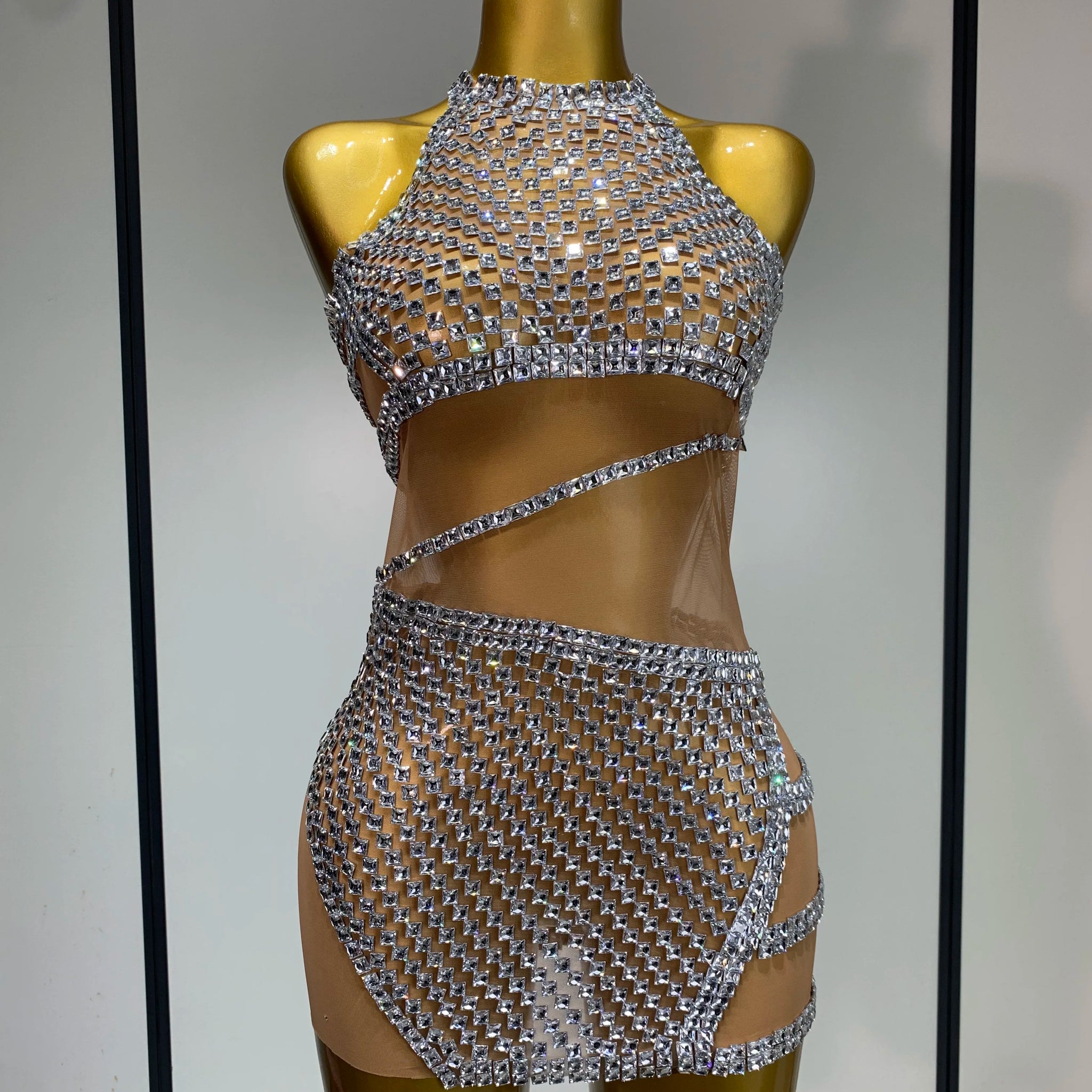 Mini robe à strass scintillants pour femme, tenue sexy en maille transparente pour fête, anniversaire, séance photo, spectacle, scène