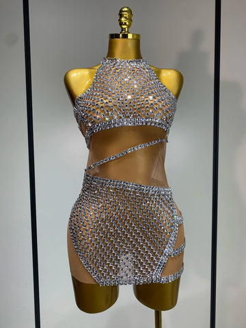 Mini robe à strass scintillants pour femme, tenue sexy en maille transparente pour fête, anniversaire, séance photo, spectacle, scène