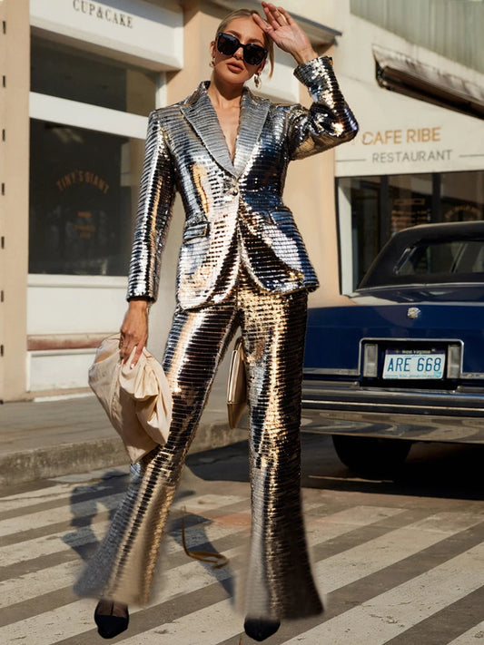 Ensemble pantalon et blazer à paillettes argentées brillantes, pantalon évasé, tenue de soirée accrocheuse, ensemble pantalon et paillettes en maille 