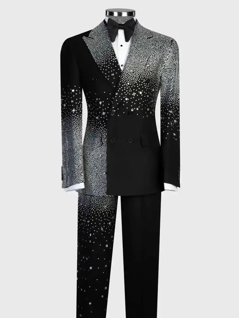 Sparkly Men's Suits 2-Piece Beads Blazer Peaked Lapel Double Breasted Wedding Slim Fit Diamonds Custom Made Plus Size