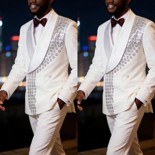 Gorgeous Wedding Tuxedos Beaded Crystal 2 Pcs Men Suit Trim Fit Jacket Pants Evening Groom Male Outfits Customized