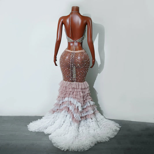 Sparkly Rhinestone Pearl Feather Maxi Dress Women Stage Gown Evening Party Birthday Prom Photoshoot Siren Costume Wear