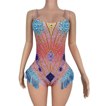 Body à franges et strass scintillants pour femme, tenue de spectacle sexy, de danse, de discothèque, de chanteur ou de danseuse 