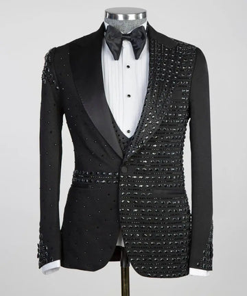Crystals Men Suit Set 2 Pieces Black Blazer+Straight Pants Trouser Formal Office Jacket Coat Wedding Groom Tuxedo Customized