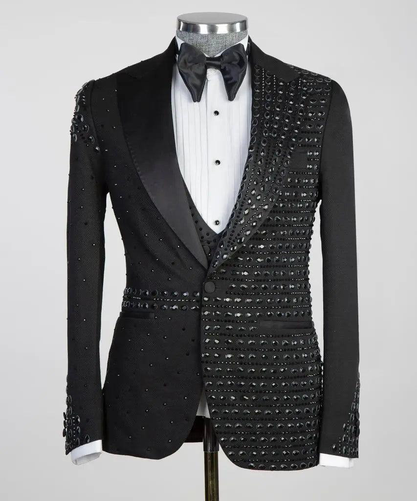 Crystals Men Suit Set 2 Pieces Black Blazer+Straight Pants Trouser Formal Office Jacket Coat Wedding Groom Tuxedo Customized