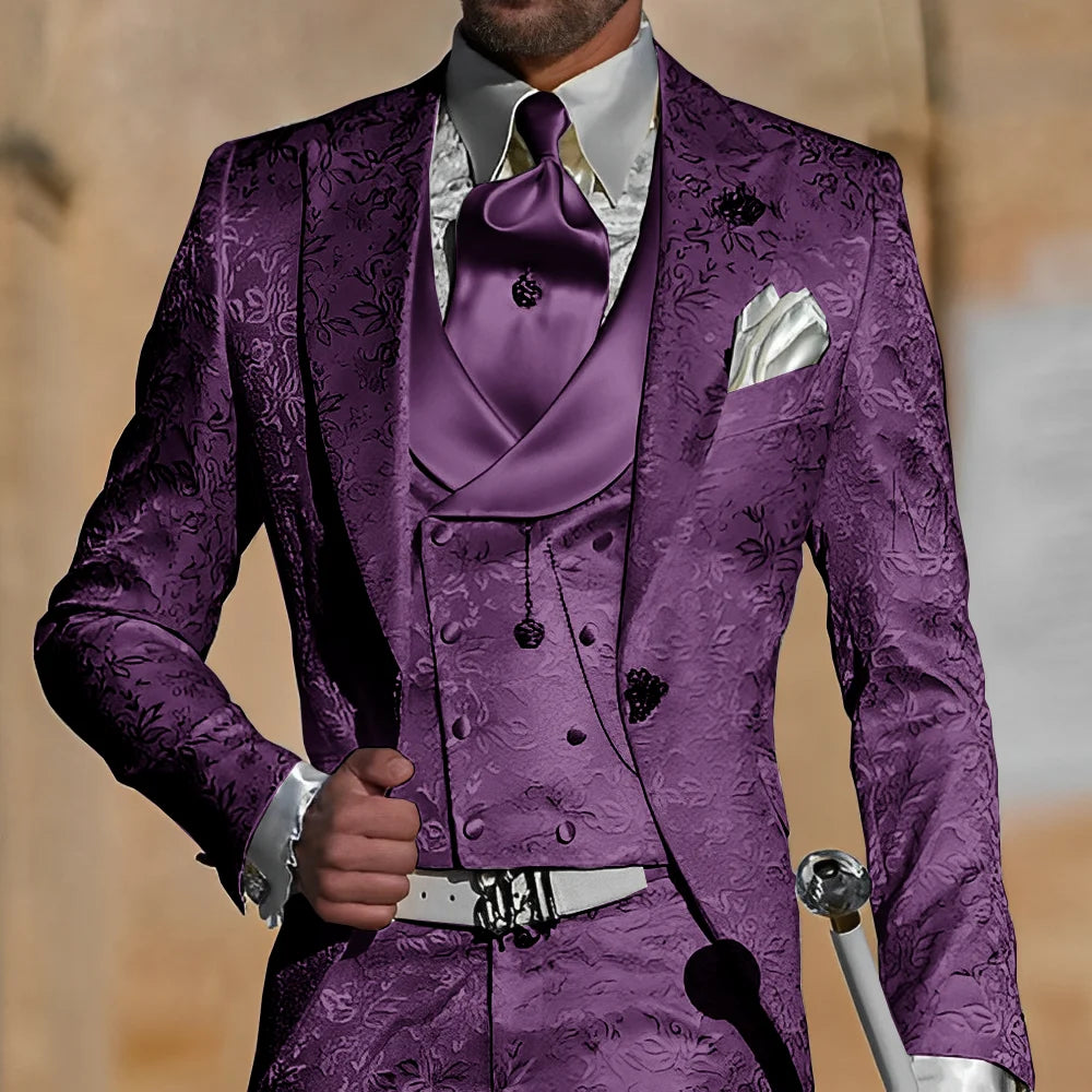 Jacquard Men's Suit 3 Piece Suit Groom Party Tuxedo Wedding Men's Formal Jacket Pants Vest Slim Fit Custom Suit Male
