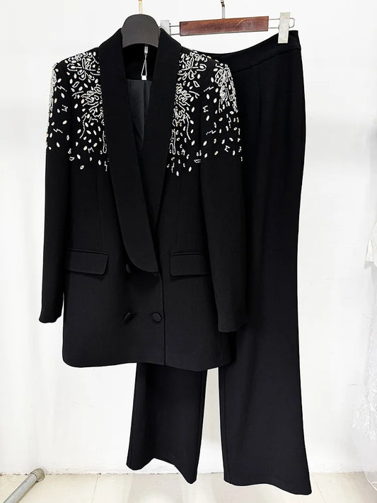 Newest Designer Suit Women Beaded Diamonds  Shawl Collar Double Breasted Blazer Pants Set 2PC
