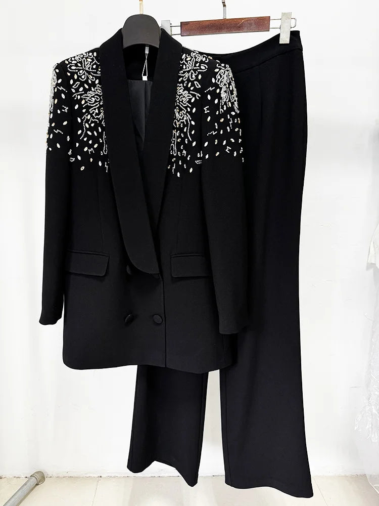 Designer Suit Women Beaded Diamonds  Shawl Collar Double Breasted Blazer Pants Set 2PC
