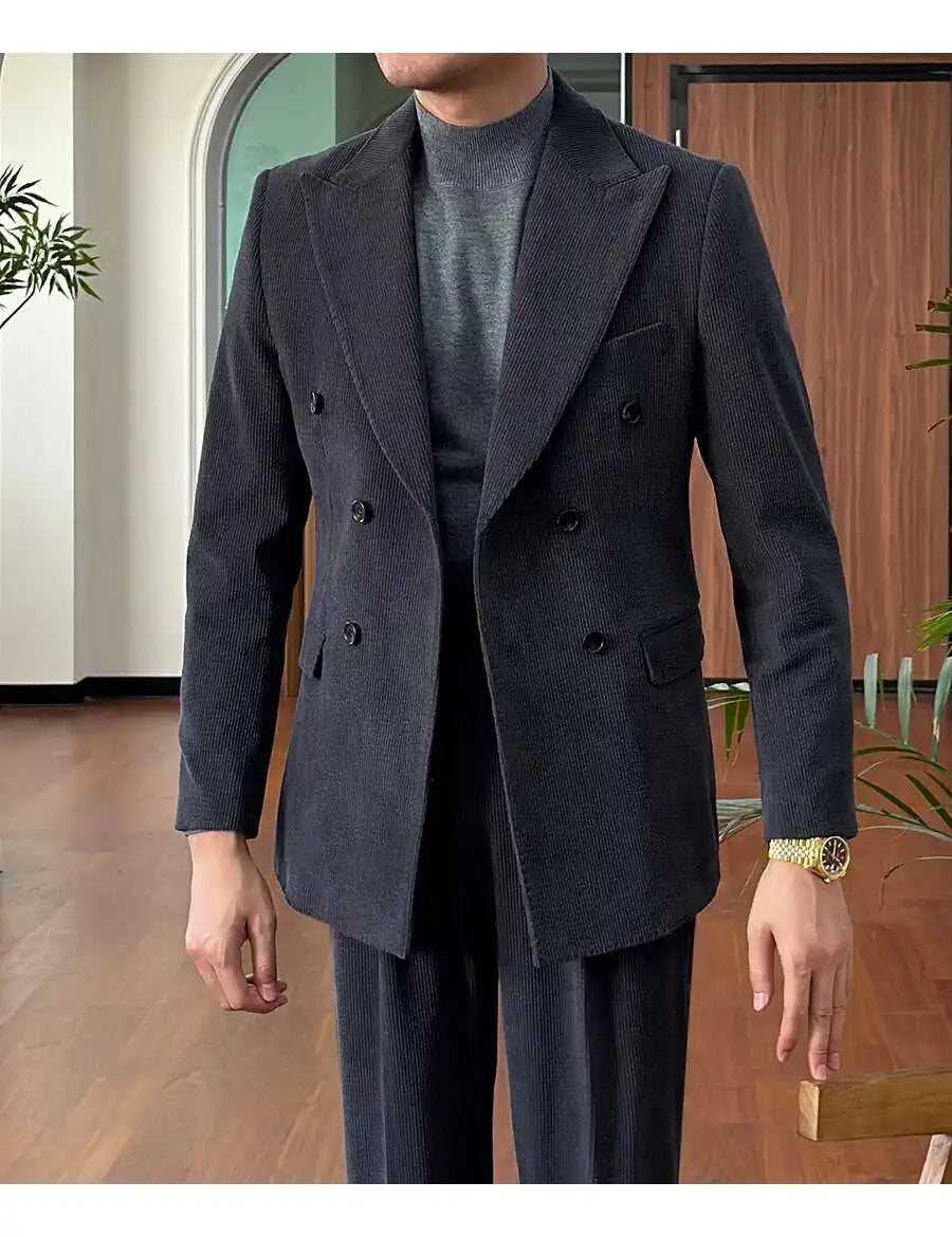 Autumn Thick Corduroy Groom Men Suit Designers Slim Fit Business Casual Double Breasted Suit Set Trend