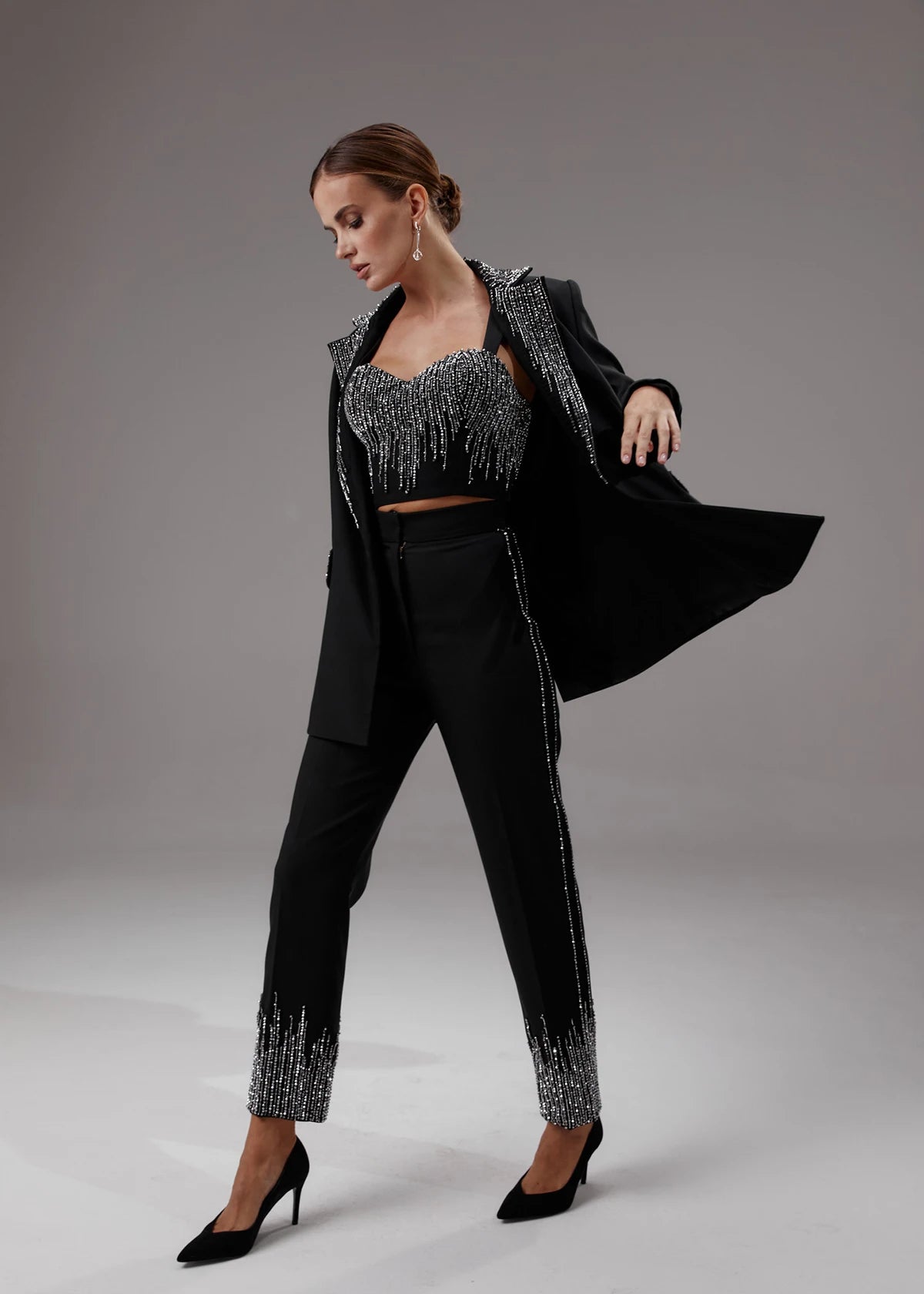 Ensemble 3 pièces blazer slim noir à paillettes pour femme, veste sur mesure pour soirée, bal, mariage