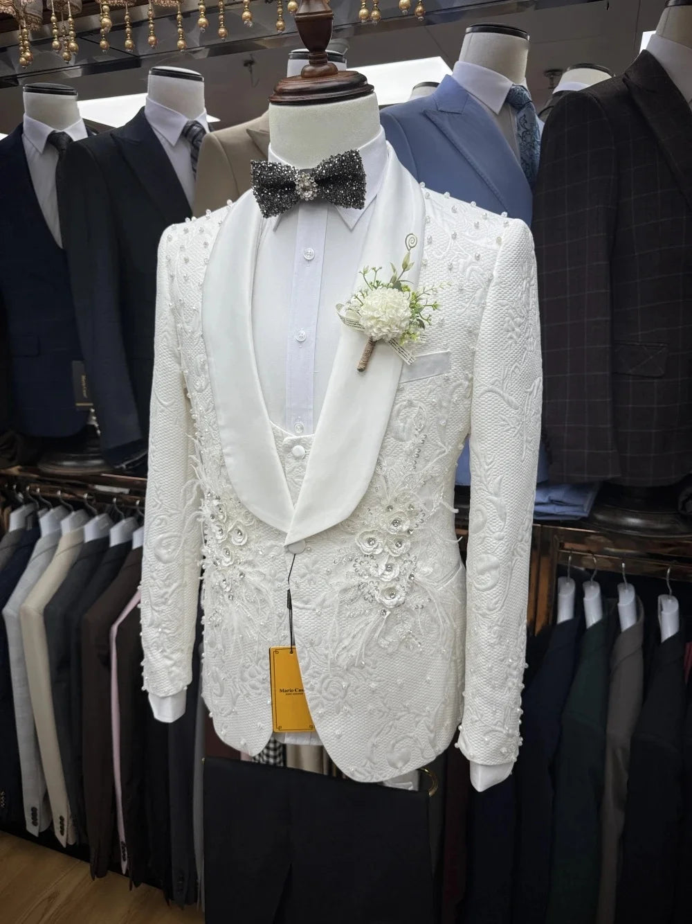 Luxury Men's Suit Shawl Lapel Appliques Tailor-Made 3 Pieces Set Jacket Pearls Jacquard One Button Customized Coat Vest Pants