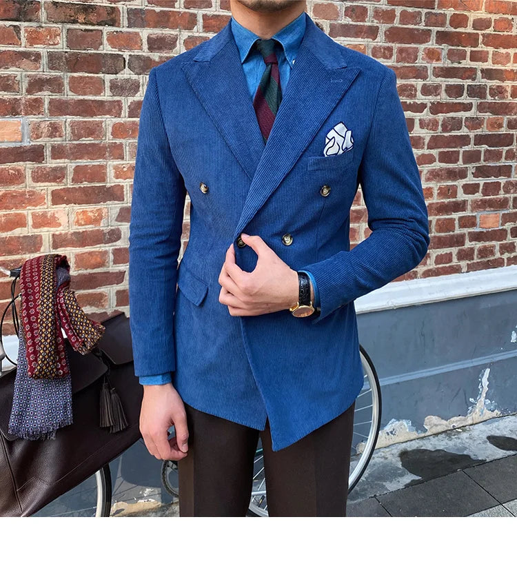 Blazer croisé élégant en velours côtelé bleu pour homme – Veste de costume slim de luxe pour mariages, dîners et événements spéciaux
