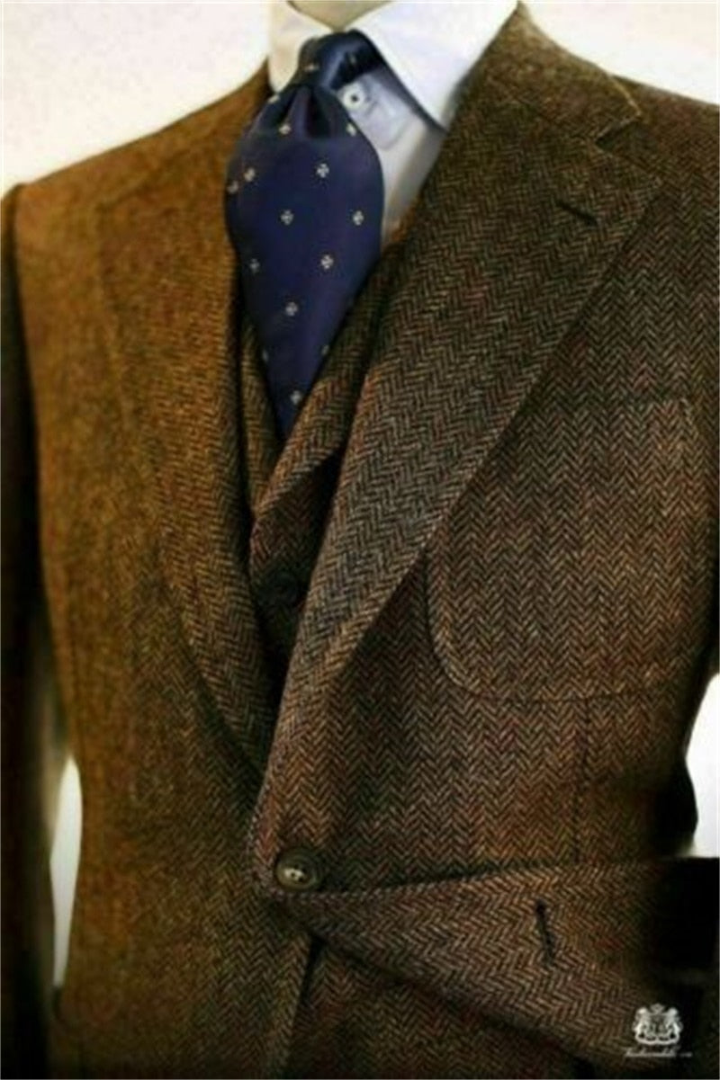 Ensemble 3 pièces en tweed à chevrons pour homme, veste, gilet et pantalon, smoking de mariage épais, sur mesure, taille personnalisée 