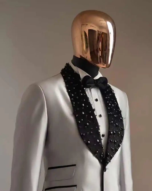 White Men Suit Set 2 Piece Blazer Pant Trousers Luxury Crystals Customized Formal Office Jacket Groom Wedding Tuxedo Coat