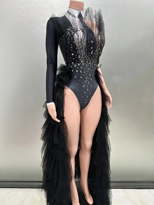 Black Color Perspective Cloak Bodysuit Women Singer Sexy Stage Outfit Dance Costume Cosplay Bodysuit Model Clothes Show Hot Sale