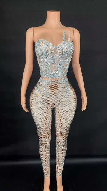 Combinaison à paillettes scintillantes pour femme, manches longues, décolleté en V profond, tenue de soirée, de discothèque, de chanteur, de scène