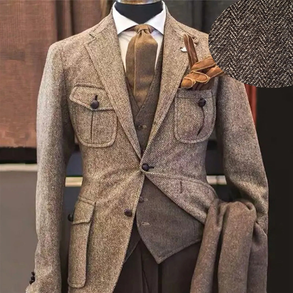 Trajes de 3 piezas para hombre, solapa con cierre de botones, bolsillo, una sola fila, 2 botones, diseño de espiga, marrón, para ropa informal formal.