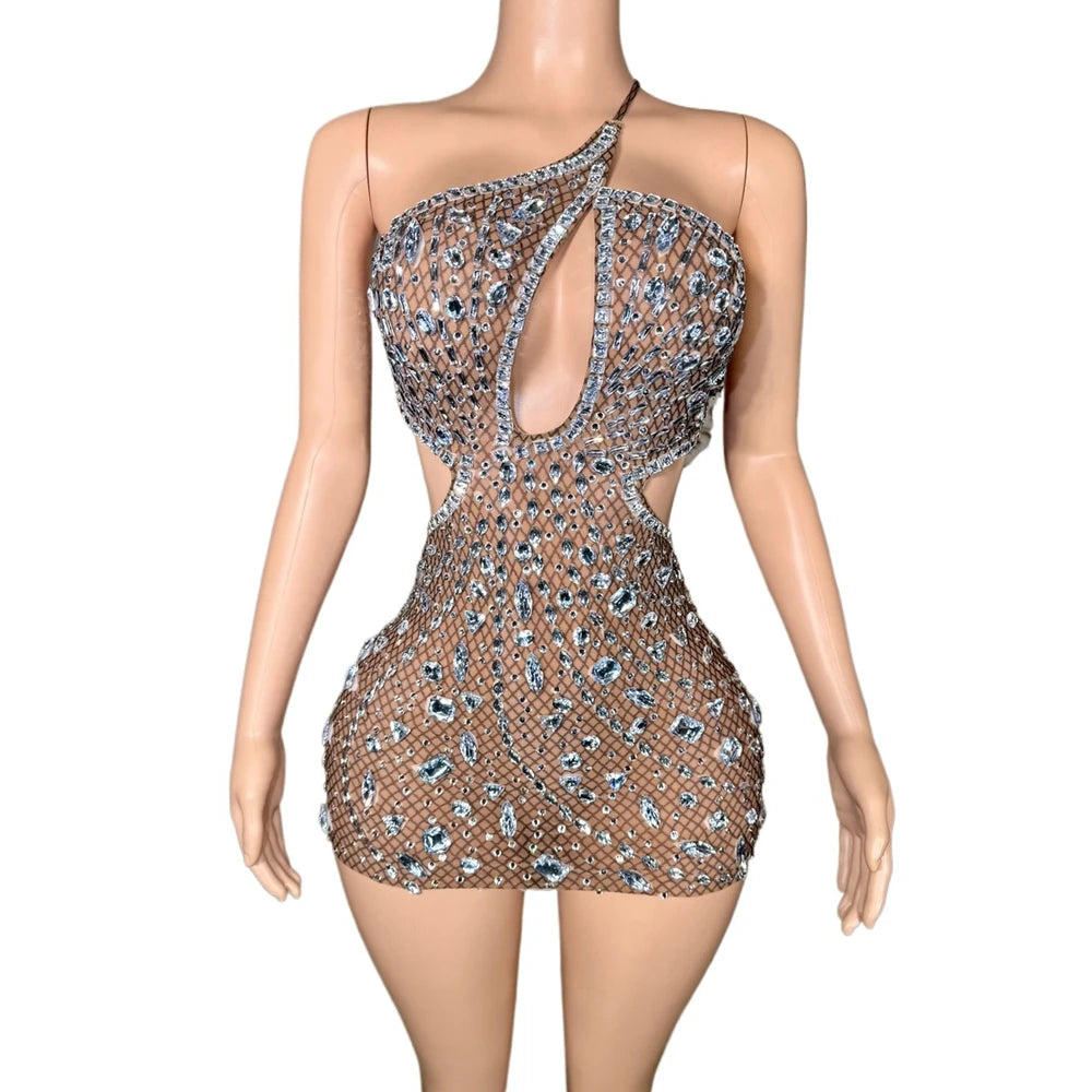 Sparkly Rhinestones Backless Mini Dress Women Sexy Hollow Mesh Transparent Celebrate Evening Birthday Dress Photo Shoot Wear
