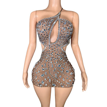 Sparkly Rhinestones Backless Mini Dress Women Sexy Hollow Mesh Transparent Celebrate Evening Birthday Dress Photo Shoot Wear