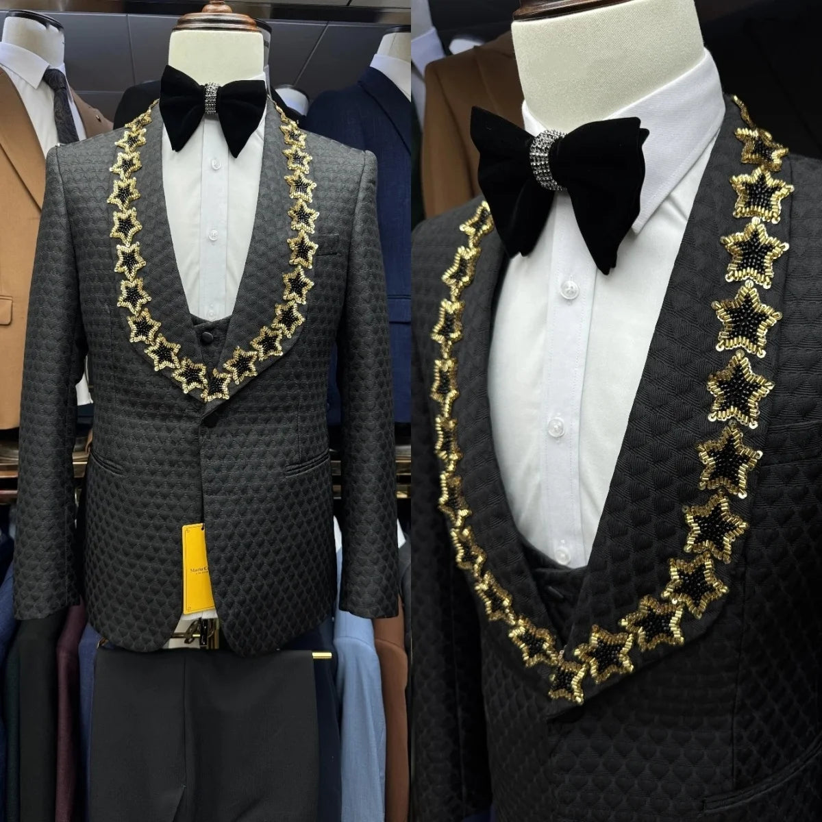 Vintage Men Suits Tailor-Made 3 Pieces Shawl Lapel Jacket Beading Blazer One Button Air Cotton Groom Customized Coat Vest Pants