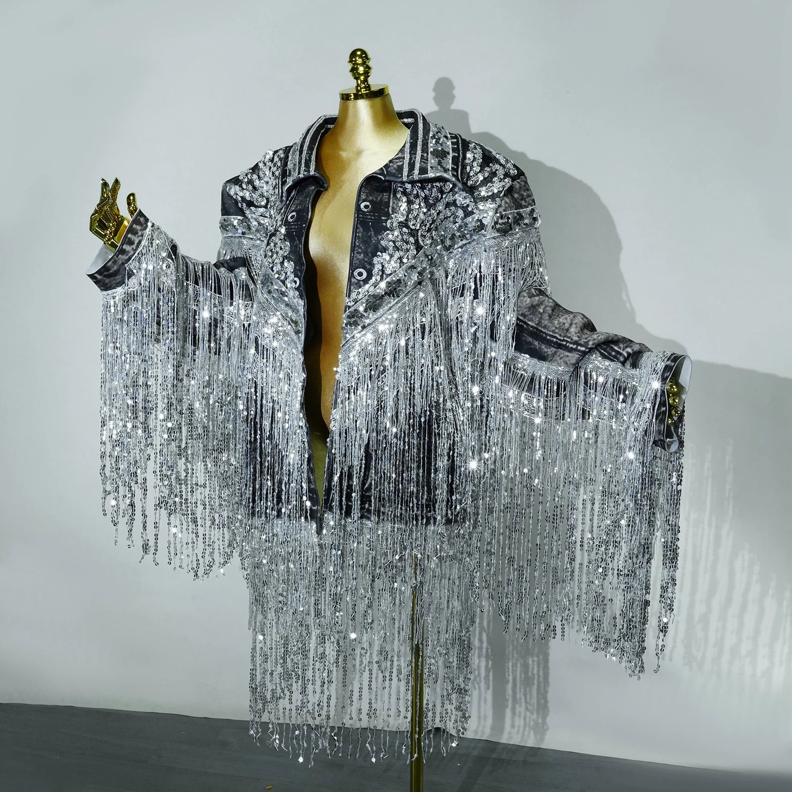 Sparkly Sequin Tassels Jacket Long Sleeve Silver Extra Large Coat Men Singer Show Costume Evening Dance Stage Celebrate Outfit
