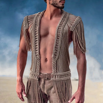 Crochet Handmade Knitted Tassel Men Cover Ups Bohemia Hollow Out Cardigans Summer Beach Bathing Suit Sexy Swimming Wear