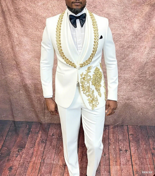 Vintage Appliques Wedding Suits for Groom Shawl Lapel Single Breasted Tuxedos 2 Pcs Jacket Pants Prom Party Prom Customized