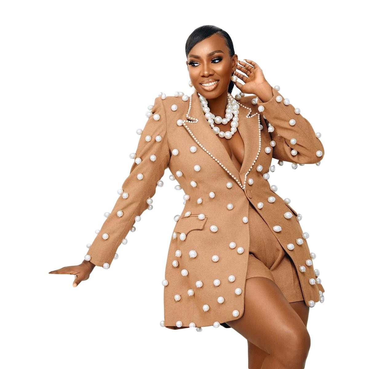 Luxury Women Long Blazer Beads Pearls Tuxedos One Button Peak Lapel Lady Slim Fit Coat 2 Pcs Jacket Pants Customized