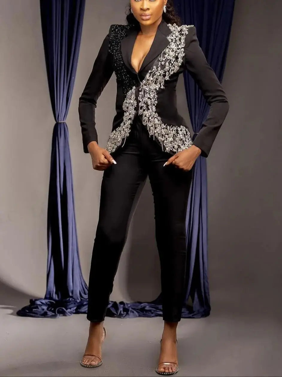 Luxury Crystal Tassel Women Blazer Suits 2 Pieces Customized Wedding Guest Mother of The Bride Suits Evening Party Outfit