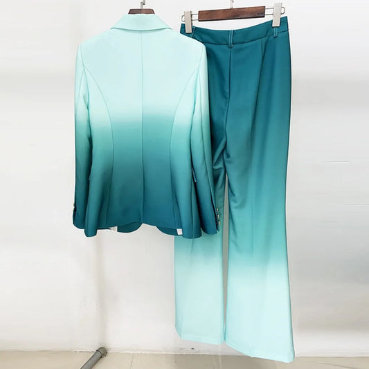 Hit Color Two Piece Set for Women Lapel Long Sleeve Coat High Waist Slimming Pant Chic Sets Female Fashion
