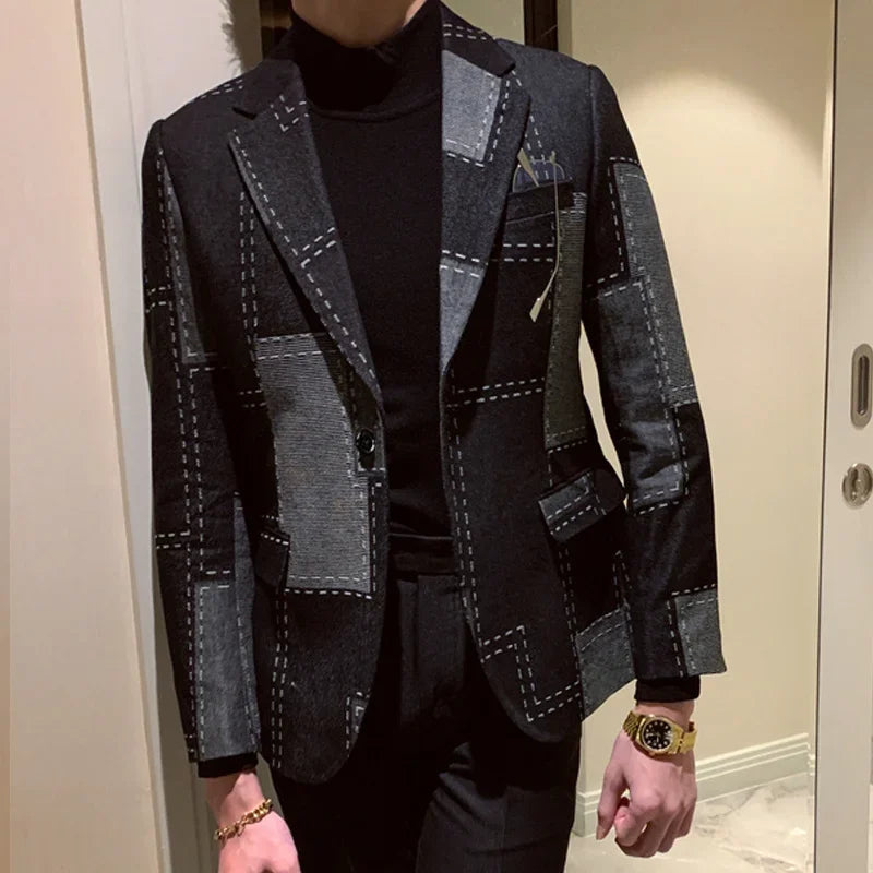 Traje informal vintage de dos piezas con estampado geométrico de patchwork para hombre, chaqueta a cuadros de primavera, blazer elegante para hombre 