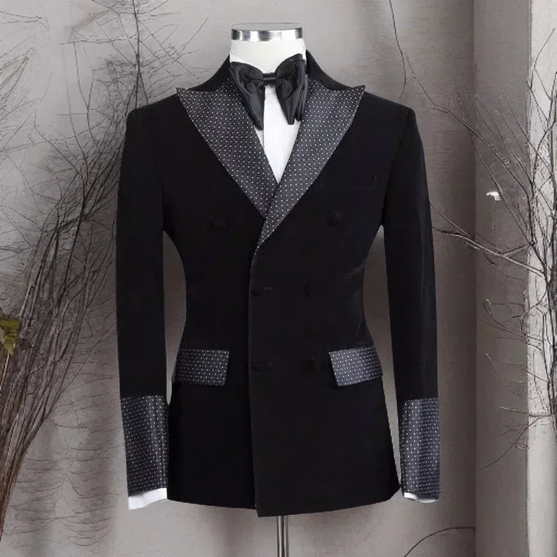 Slim Fit Dots Men Suits Dots Groom Tuxedos for Wedding Party Slim Fit 2 Pieces Black Velvet Smoking Blazer (Jacket+Pants)